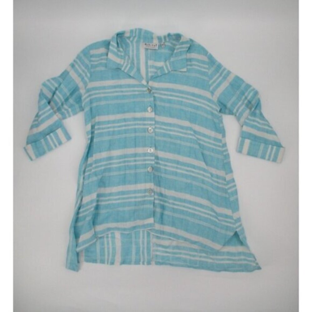 Habitat Womens Top Small Linen Blue Button Up Lightweight Striped Casual Beach